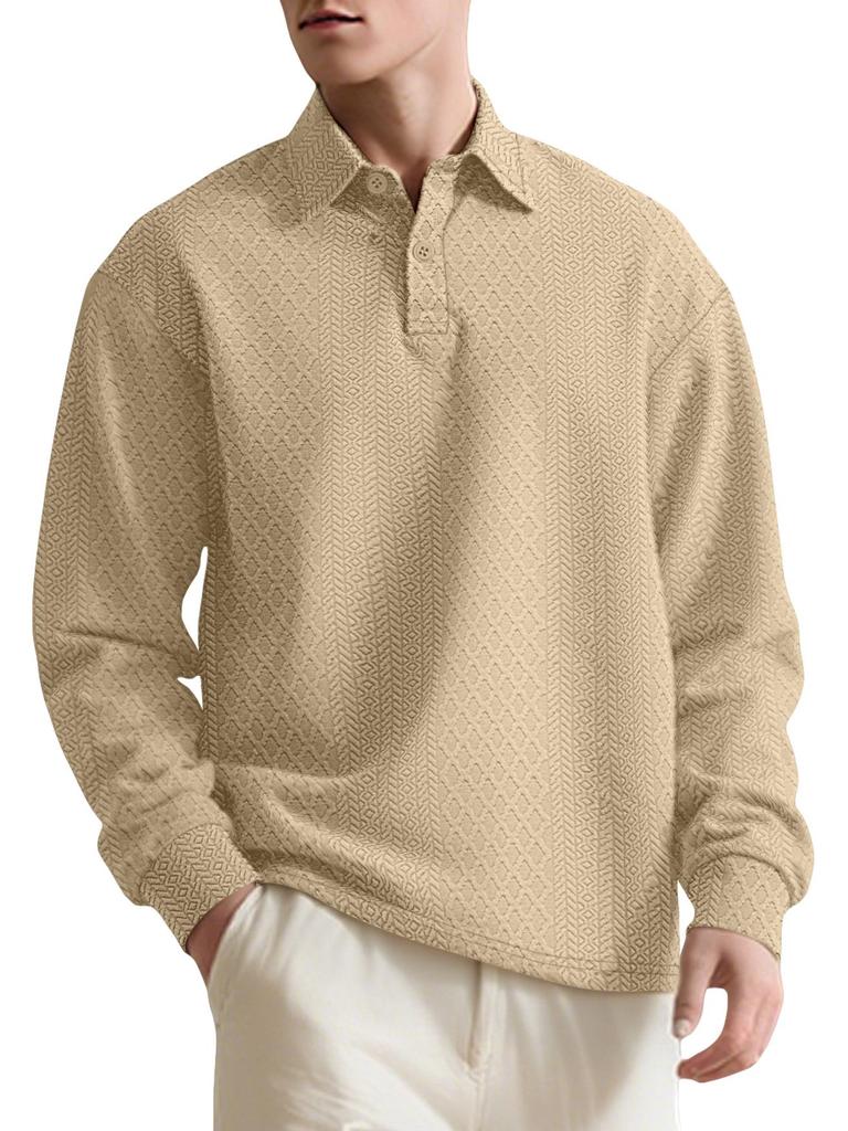 European Style Textured Jacquard Long Sleeve Polo Shirt for Men