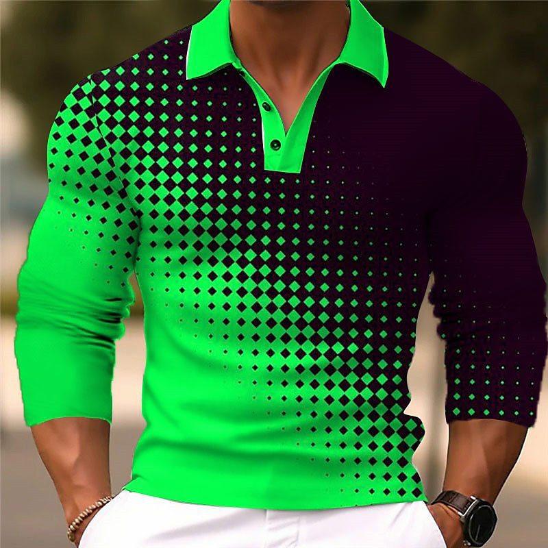 Men's Casual Gradient Button Up Long Sleeve Polo Shirt Fashion Sweatshirt