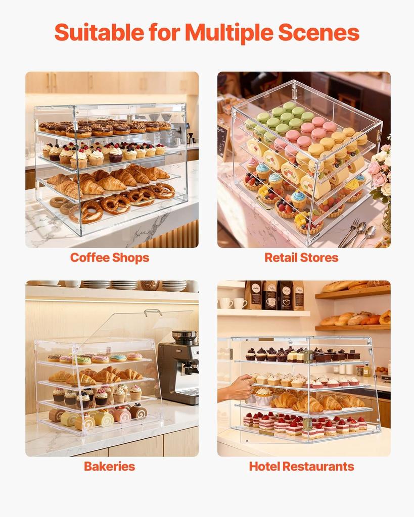 Bakery Display Case, 4-Tier Commercial Countertop Pastry Display Case, Clear Acrylic Bread Box for Kitchen, Party Cake Cabinet with Magnetic Rear Door