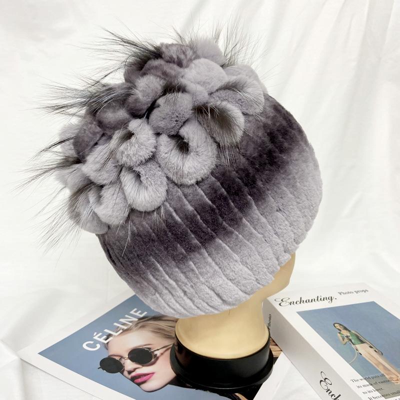 New Natural Rabbit Fur Hats for Women Striped Floral Fox Fur Beanies Female Winter Warm Knitted Outdoor Thick Snow Caps Beanies