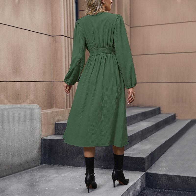 YYFS Women's Fashion Spring Fall Solid Color Print Long Sleeve V-Neck Middle Waistline Casual Dresses