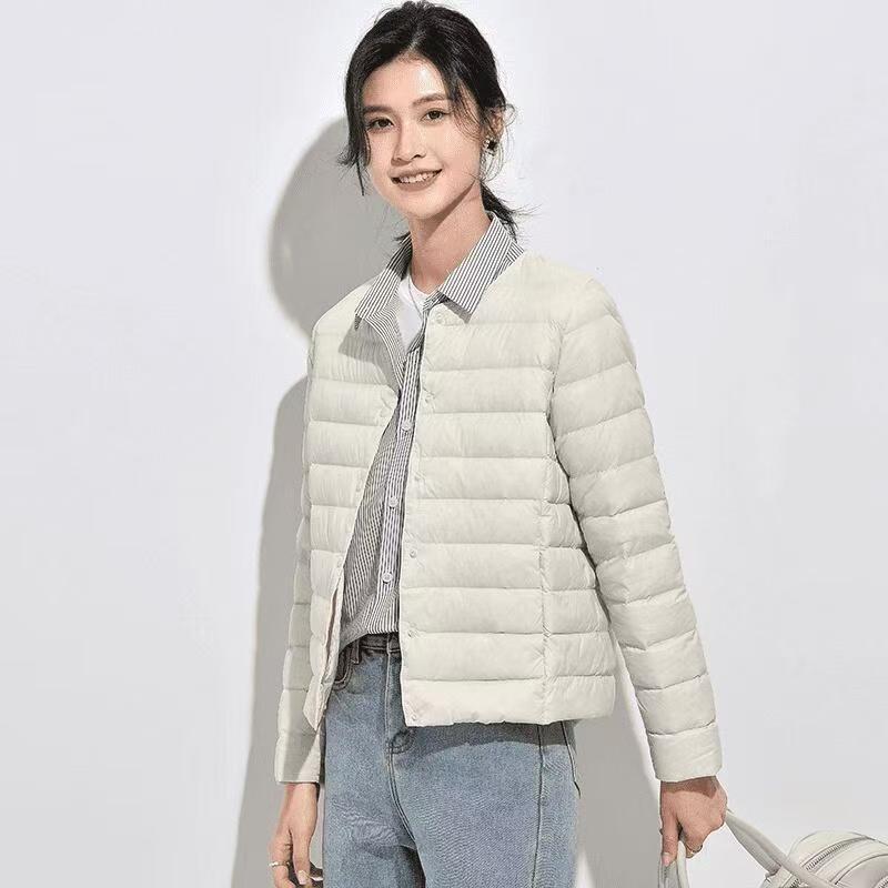 Women's 2025 Lightweight White Duck Down Ribbed Jacket - Warm Round Neck Short Coat