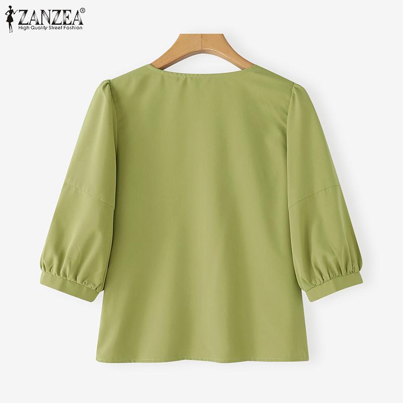 ZANZEA Women Casual V-Neck Solid Color Summer 3/4 Sleeve Blouse