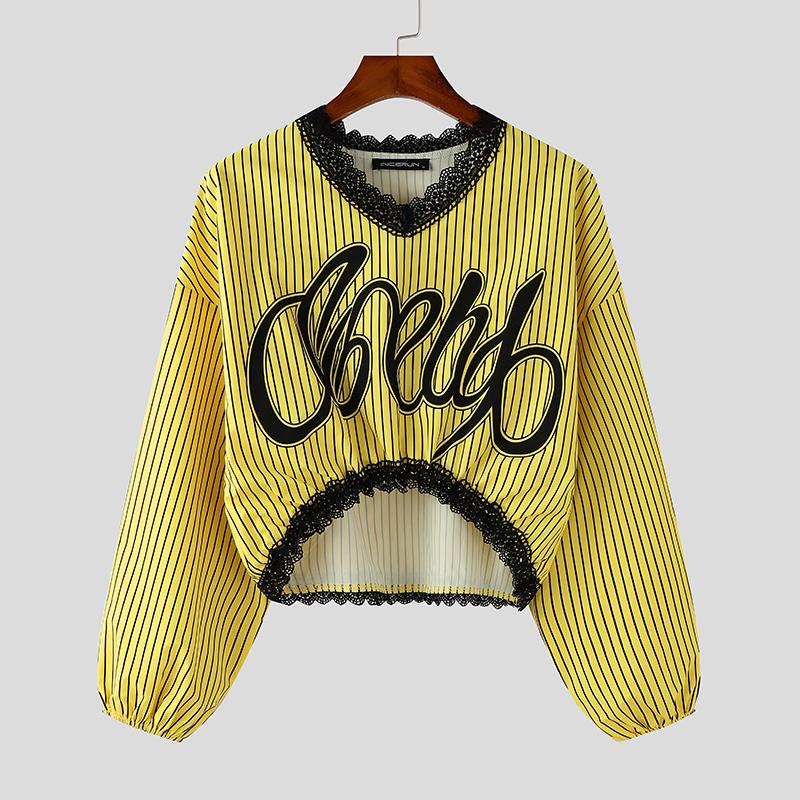 

INCERUN Мужские футболки с кружевным подолом и V-образным вырезом, длинным рукавом и буквенным принтом, повседневные укороченные топы в полоску L жёлтый