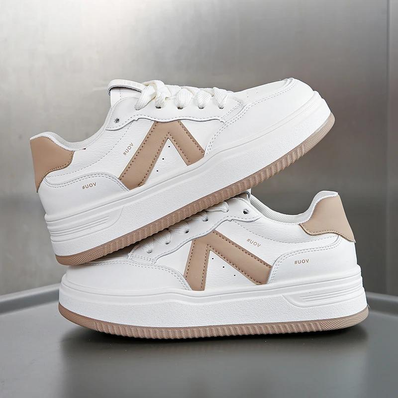 2025 New Women Leather Flat Shoes Autumn Breathable Vulcanized White Sports Lace Up Thick Soled Casual Shoes for Women