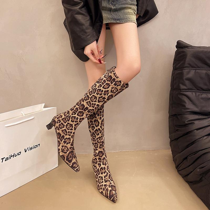 Winter Women Stretch Modern Boots Fashion Leopard Print Shoes Ladies Sexy High Heel Long Booties
