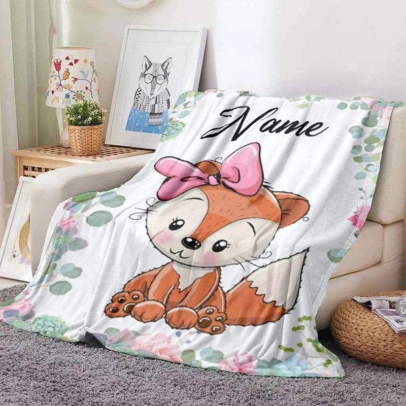Personalized Name Blanket Cartoon Animal Exclusive Print Name Flannel Blanket Fun Gift Blanket