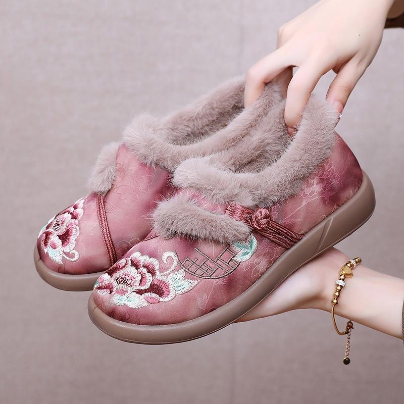 Women's Embroidered Beijing Style Slip-On Shoes, Breathable Low-Cut Comfort Flats with Soft Sole, Warm Traditional Cloth Shoes for Women