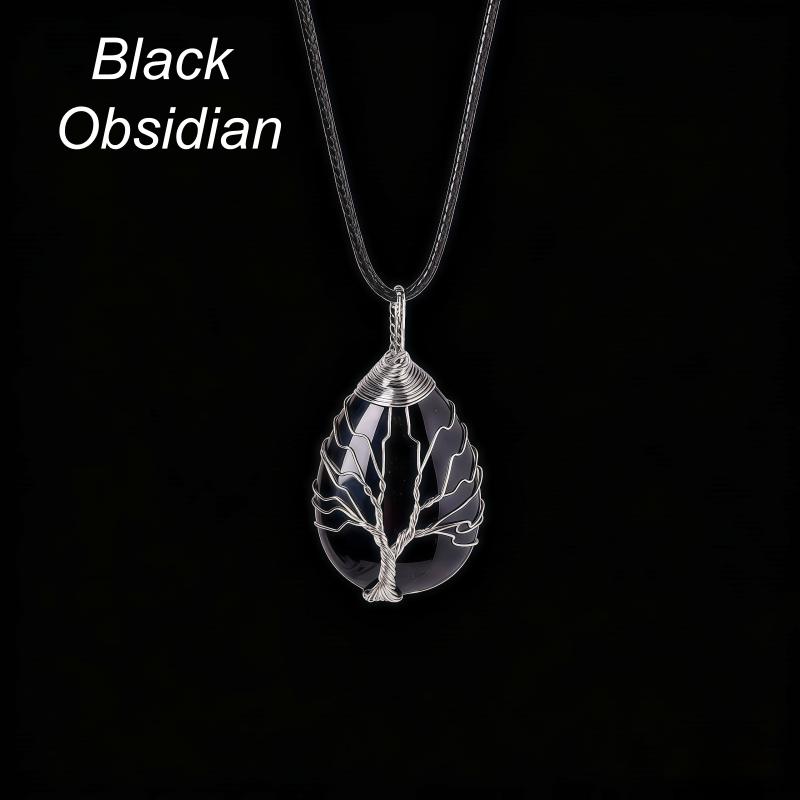 Custom Logo Natural Crystal Tree of Life Pendant Water Drop Healing Stone Handmade Wire Wrapped Necklace