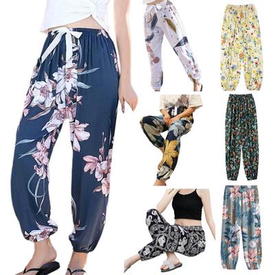 Damen Sommer Elastischer Kordelzug Taille Weitbein Hose Blumendruck Strandhose Freizeit Reise Lässige Hose EMA