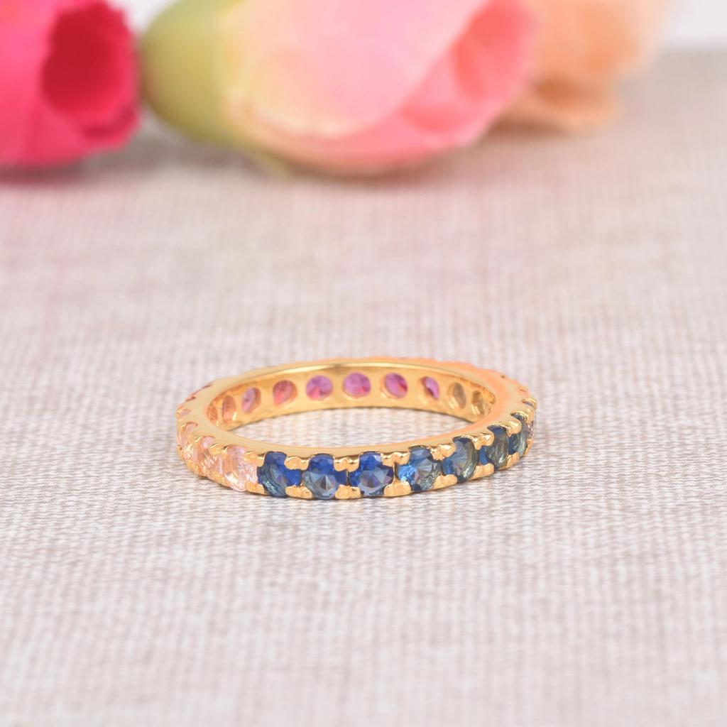 Sapphire Rose Gold Plated Wedding Band: Vintage Art Deco Bridal Ring: Multicolor Sapphire Engagement Ring: Minimalist Jewelry Gift