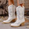 Women's Wide Width Western Cowboy Boots, Embroidered Mid-Calf Riding Boots, Vintage Chelsea Martin Boots for Women