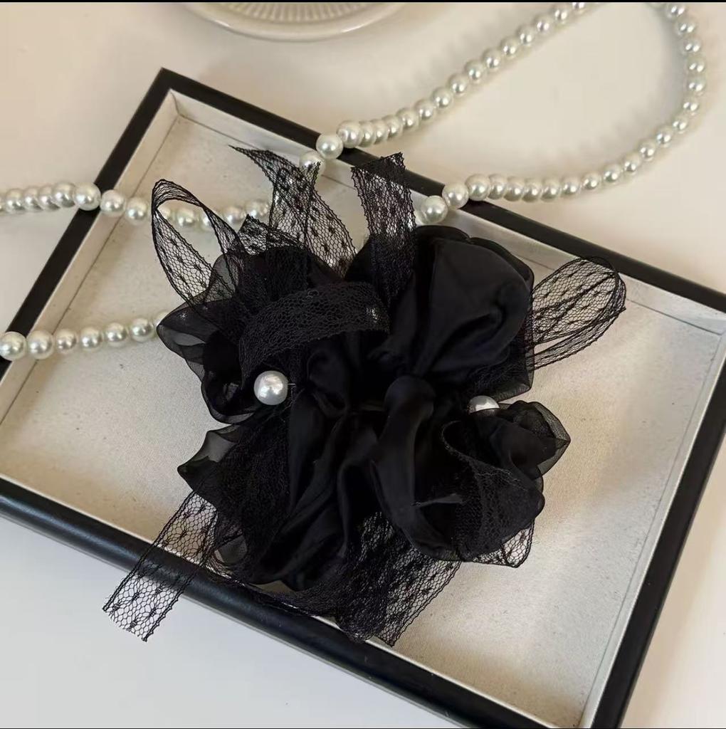 Korean Style Pink Chiffon Lace Pearl Scrunchie Oversized Gentle Hair Tie for Women