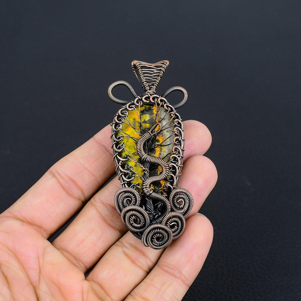 Bumble Bee Jasper Jewelry, 999 Copper Wire Wrapped Gemstone Pendant, Handmade Pendant, For Memorial Day