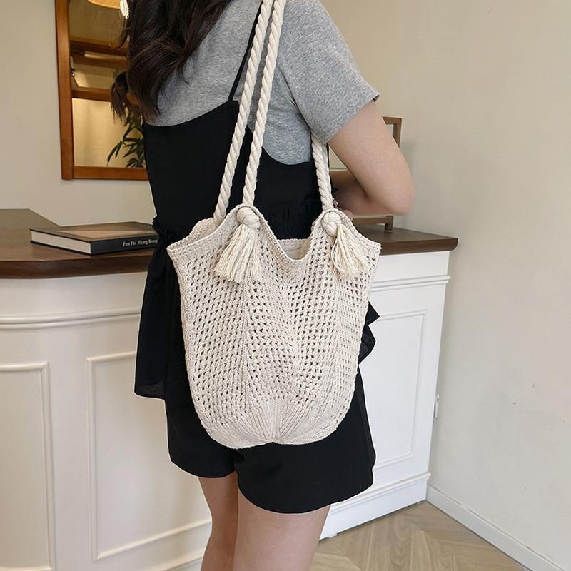 Street Style Woven Tote Bag With Double Shoulder Straps For Casual Daypack