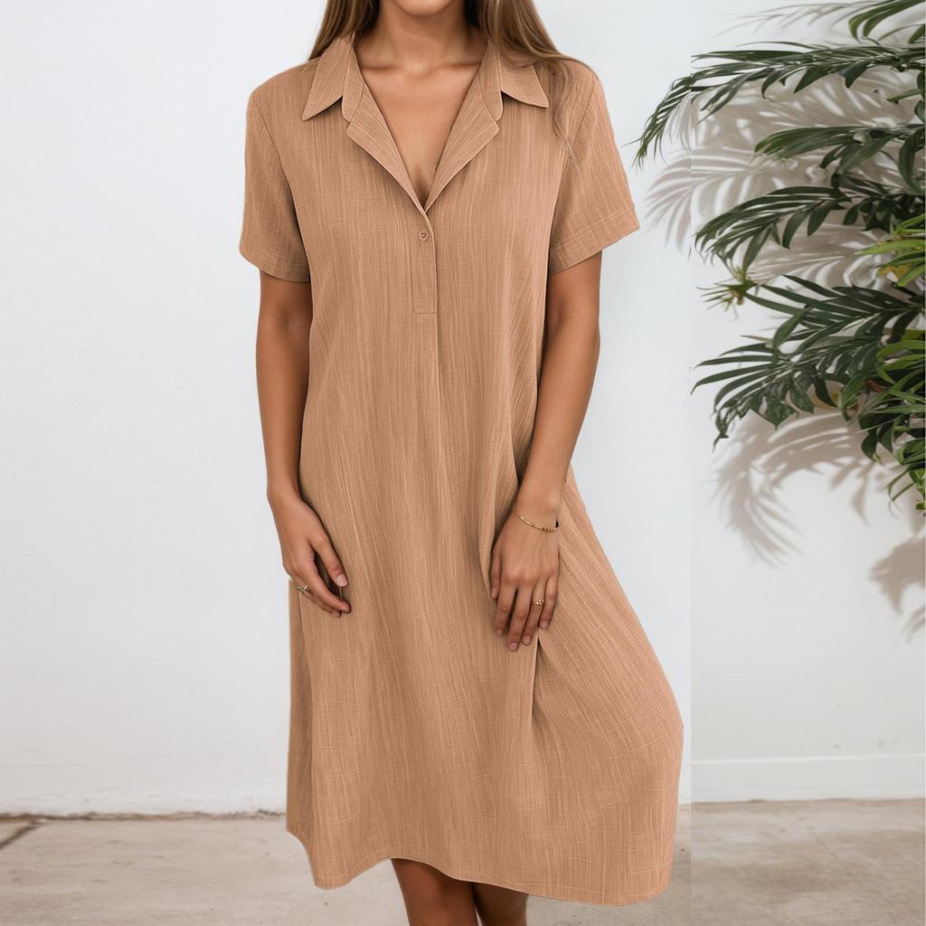 Women's Fashionable Solid Color V Neck Short Sleeved Button Loose Pullover Shirt Dress