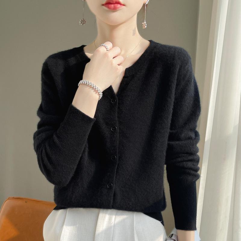 

2024 Кашемировый кардиган с V-образным вырезом: Женский универсальный свитер с длинным рукавом для весны, осени и зимы M чёрный