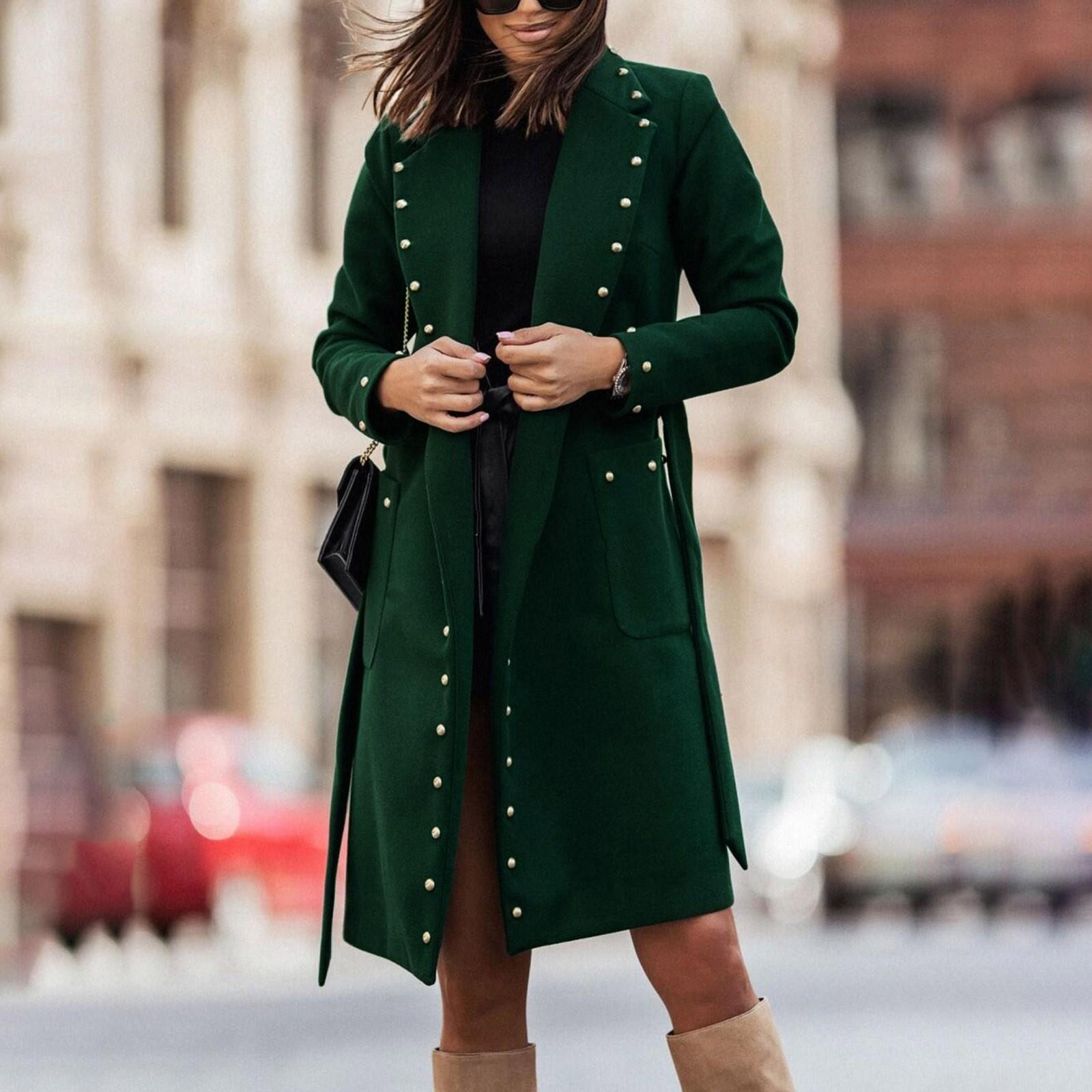 

Women s And Winter Slim Tweed Long Long Sleeve Solid Color Button Pocket Jacket L зелений