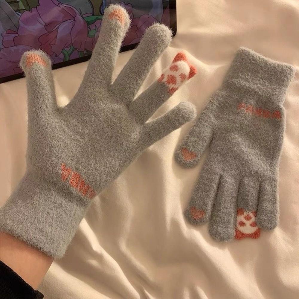 Knit Fabric Crystal Fleece Knitted Gloves One Size Thick Warm Gloves For Students