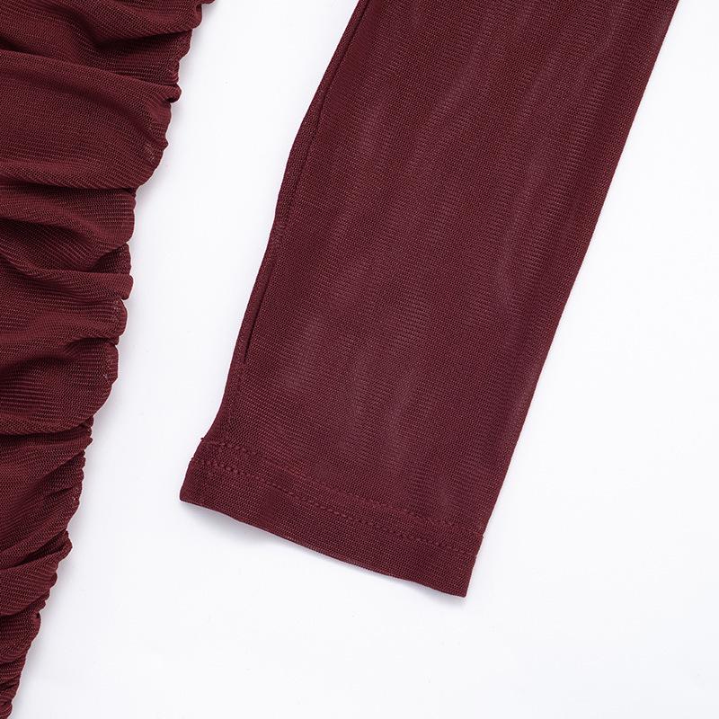 J25DS416 Elegantes einärmeliges plissiertes Netz-Langarmkleid für Damen