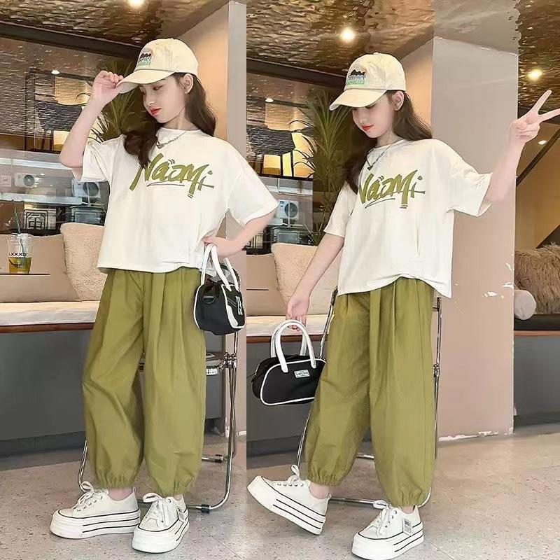 Summer Girls Clothes Child Set Sports Suit Teen Tracksuit Letter Flower Loose T Shirt + Ankle Tied Pants