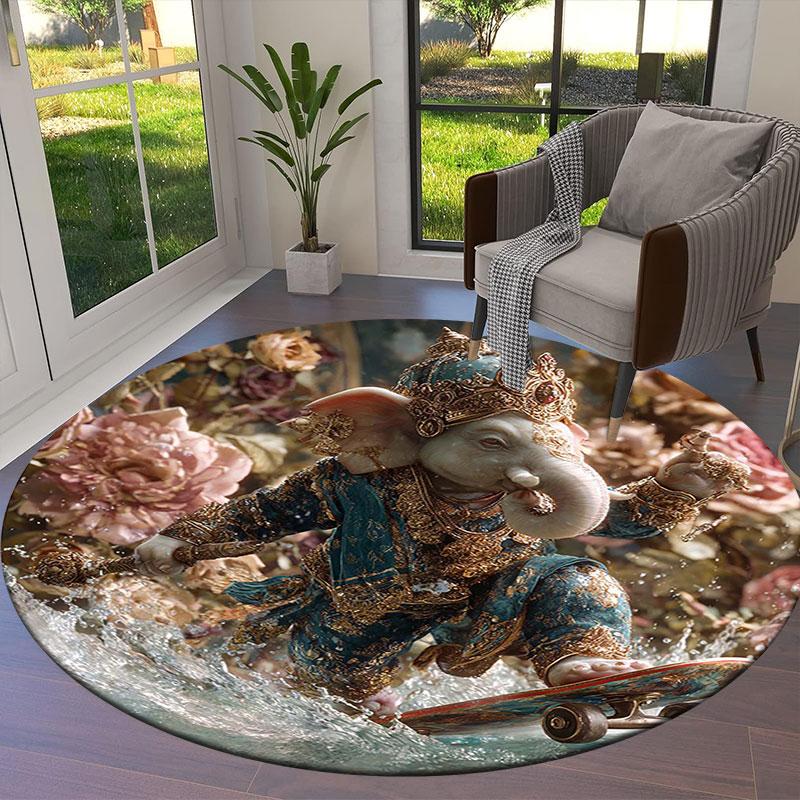 Cute animals with oil painting textureRound Area Rug,Carpet Rug for Living Room Bedroom Sofa Playroom Decor,Non-slip Floor Mat
