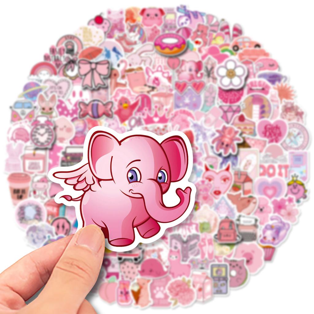 200 Color Mix And Match Pink Stickers, Cartoon Cute Pink Fresh Stickers