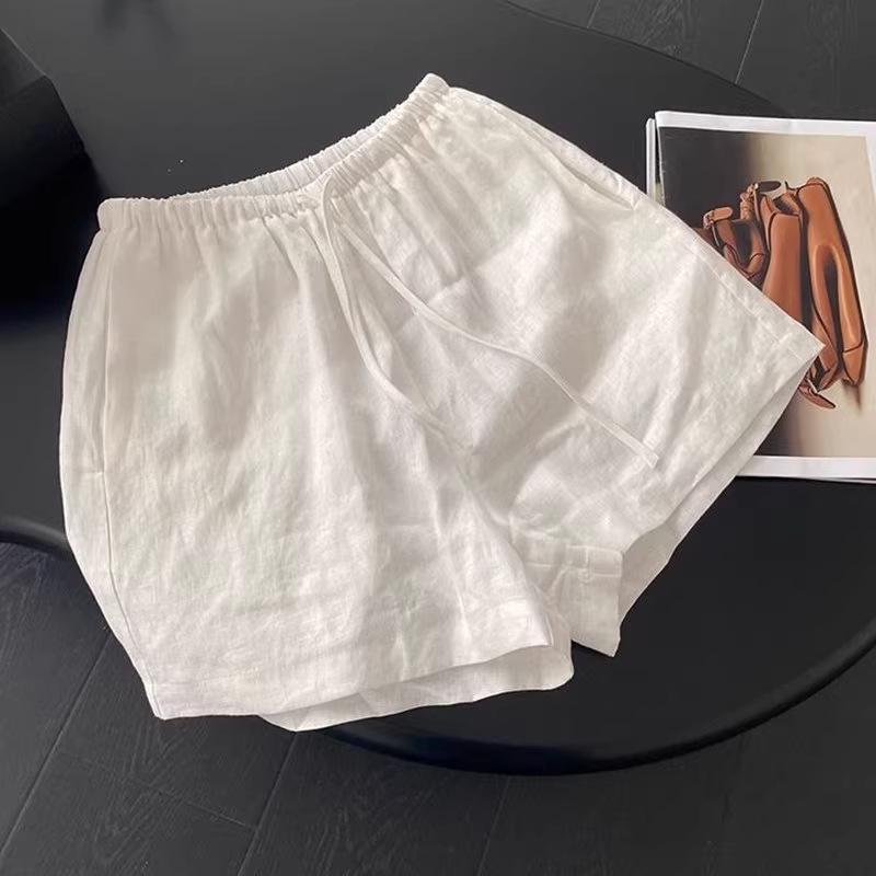

Women s High-Waisted White Cotton Linen Shorts, Summer 2026 Collection - Slimming, Casual, Loose, Wide-Leg Three-Quarter Pants Medium белый