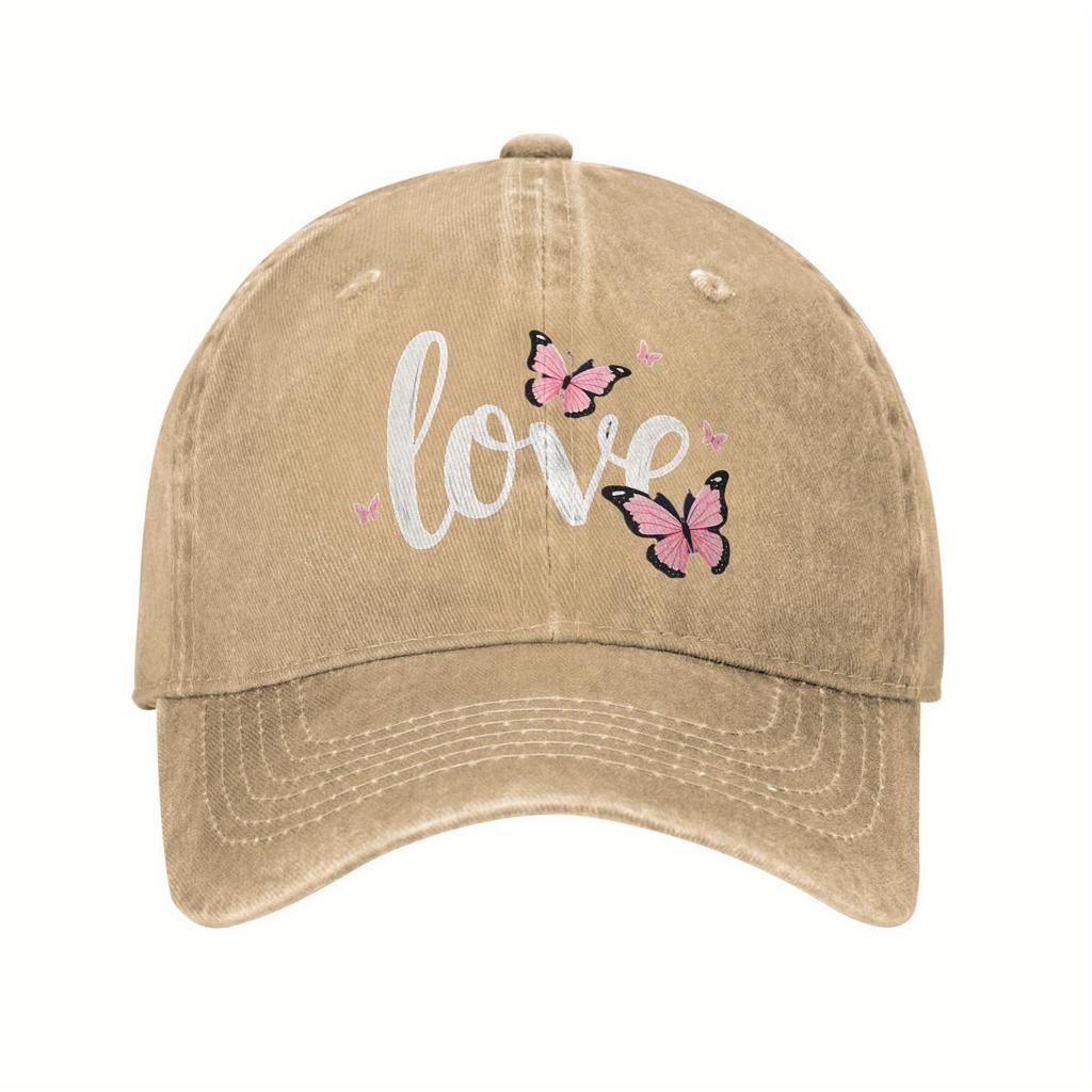 Love Butterfly Print Denim Washed Baseball Cap Vintage Polyester Casual Adjustable Hat Unisex