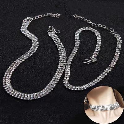 European and American Sexy Super Flash Rhinestone Collarbone Chain Choker Neck Jewelry, Full Diamond Multi-row Neck Chain Necklace Women