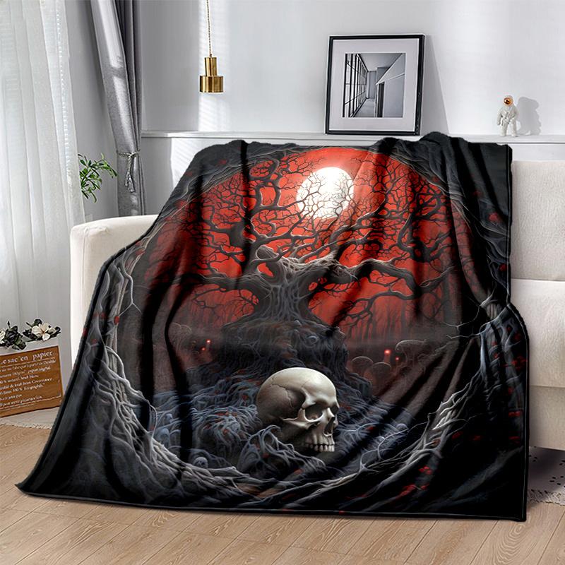1pc Midnight Moonlit Skull Blanket Soft and Cozy Home Decor Gift for All Seasons, Living Room, Travel .K061