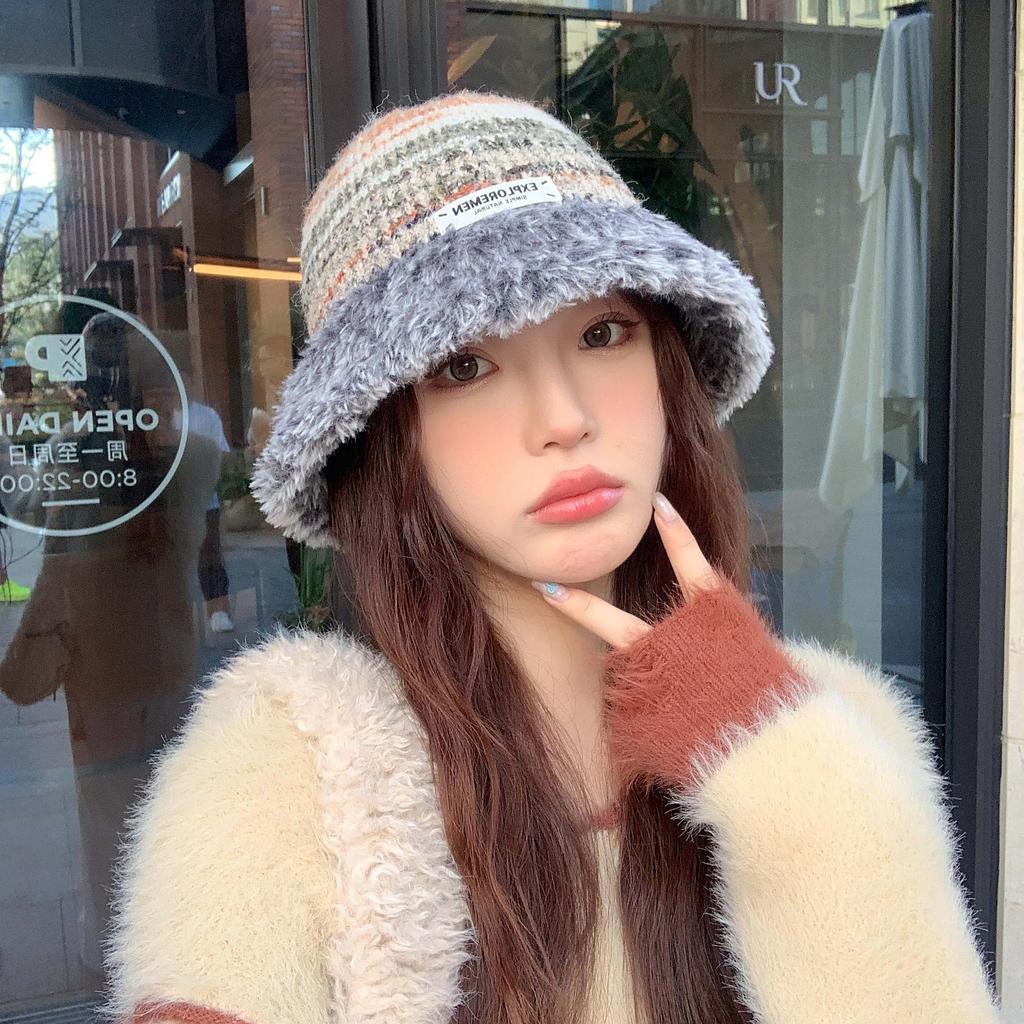 Women's Winter Warm Plush Knitted Wool Hat Korean Style Trendy Striped Face Small Windproof Versatile Basin Hat