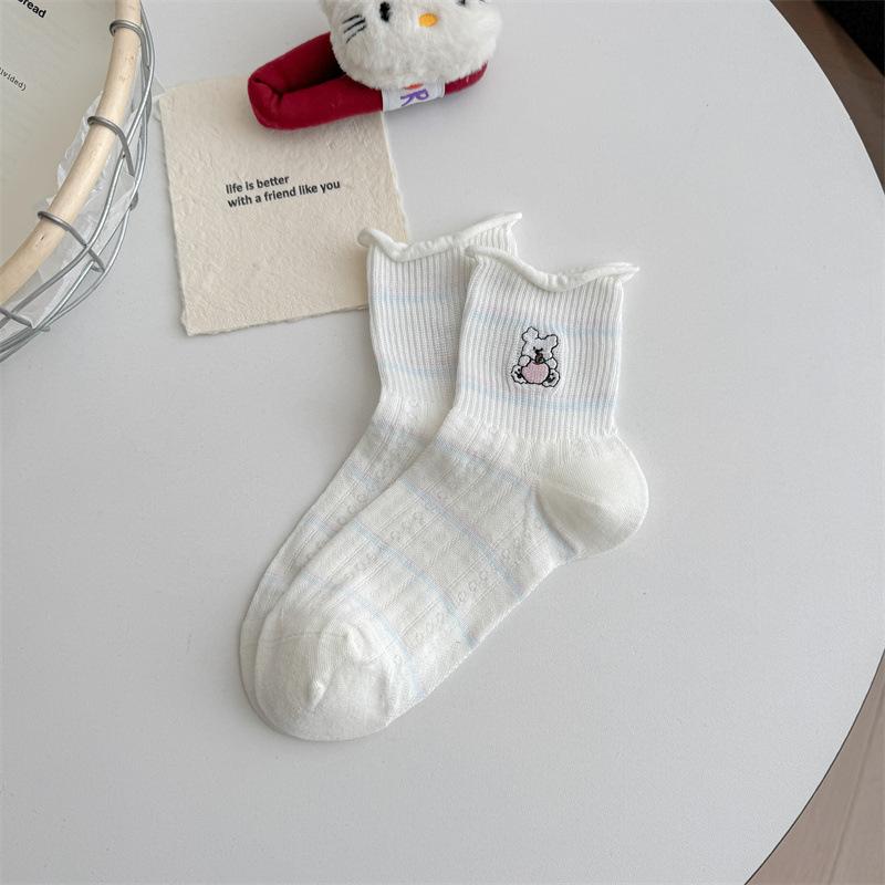 White Socks Children Spring/summer Mesh Mid-calf Cotton Socks, Sweat-absorbing and Breathable, Embroidered Short Socks