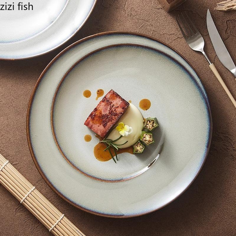 Spiral Gray Blue Plate Kiln Changes Ceramic Tableware Steak Plate Dessert Plate Barbecue Plates Molecular Cooking Tableware