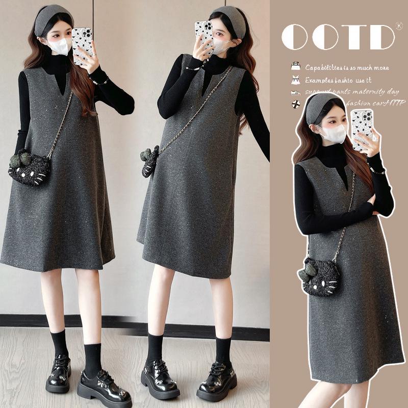 Korean Style Gold-Splashed Wool Maternity Vest Dress - Elegant Autumn/Winter Plus Size M