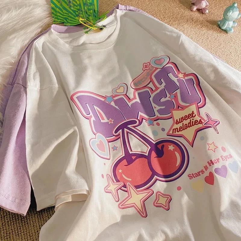 

Kawaii женская футболка с фруктовым принтом Футболка Harajuku свободная с коротким рукавом Милая футболка больших размеров 2k Top Футболка с рисунком аниме
