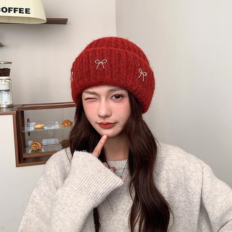 Korean Large Head Circumference Woolen Hat Winter Warm Hat Women's Bow Sweet Ear Protection Cold Pullover Knitted Hat