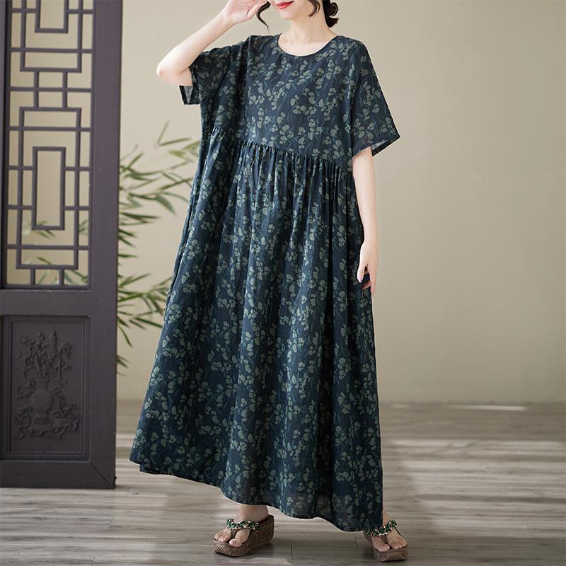 DIMANAF 2025 Summer Plus Size Dress Basic Women Casual Loose Vintage Oversized Printing New Long O-Neck Dress