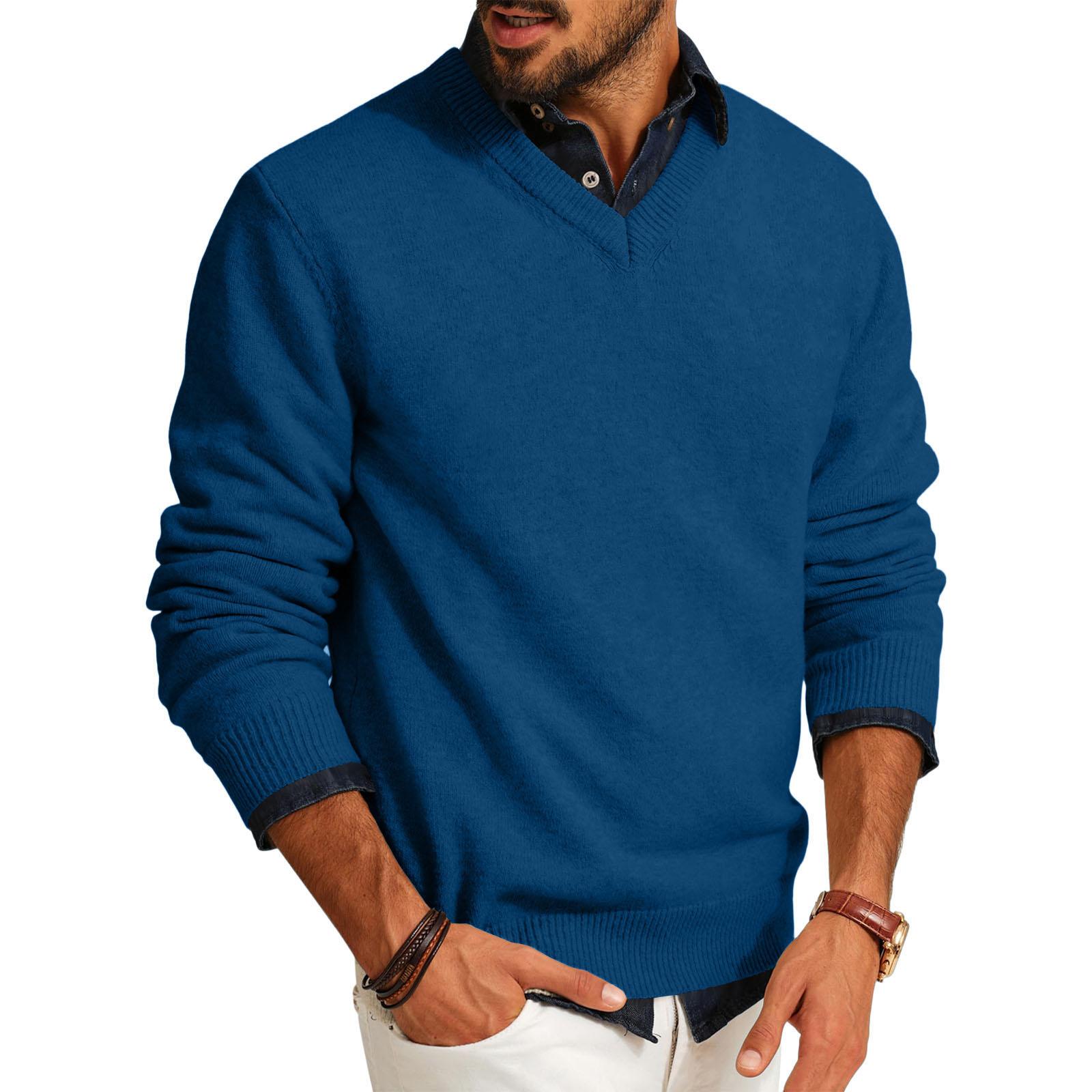 Jiangnan D Heren V-hals Truien Casual Gebreid Lichtgewicht Jurk Trui Lange Mouw Slim Fit Herfst Winter Pullover XL blauw