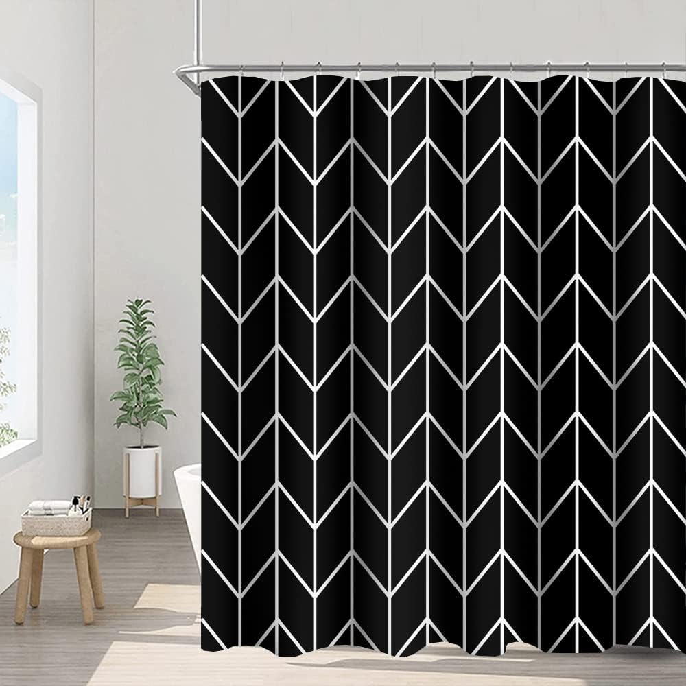 Striped Fabric Bathroom Shower Curtain-Modern Simple Polyester Waterproof Blue Grey Abstract Line Pattern With Hook