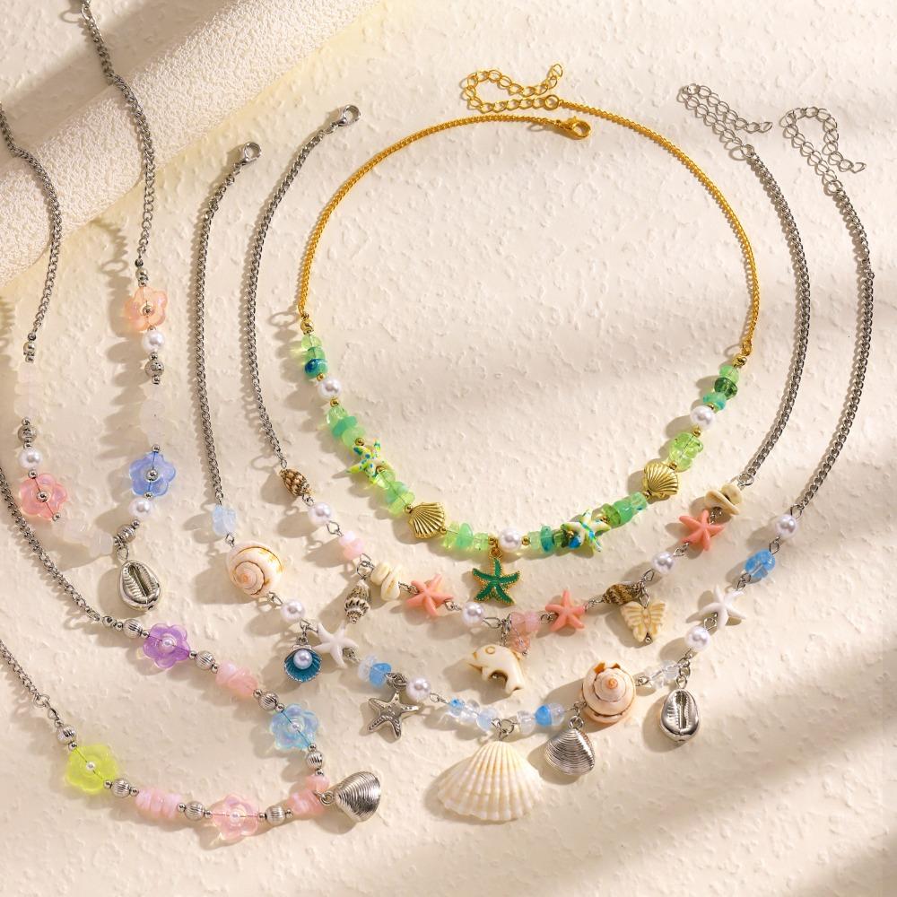 Cute Sweet Dopamine Colored Flower Shell Star Pearl Beaded Collar Chain for Women Beach Vacation Pendant Necklace Jewelry Gifts