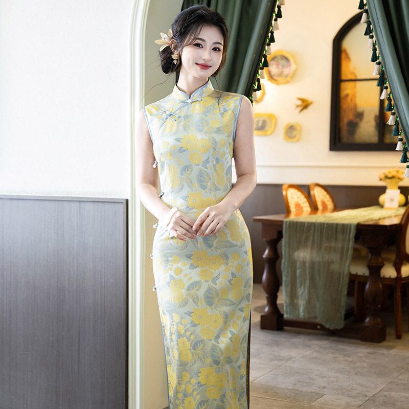 Yellow sleeveless national style new Chinese long cheongsam improved young 1011 new women's high sense daily summer