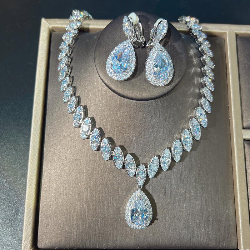 Charm Flower Lab Diamond Jewelry Set 14K White Gold Engagement Wedding Earrings Necklace for Women Bridal Promise Gift