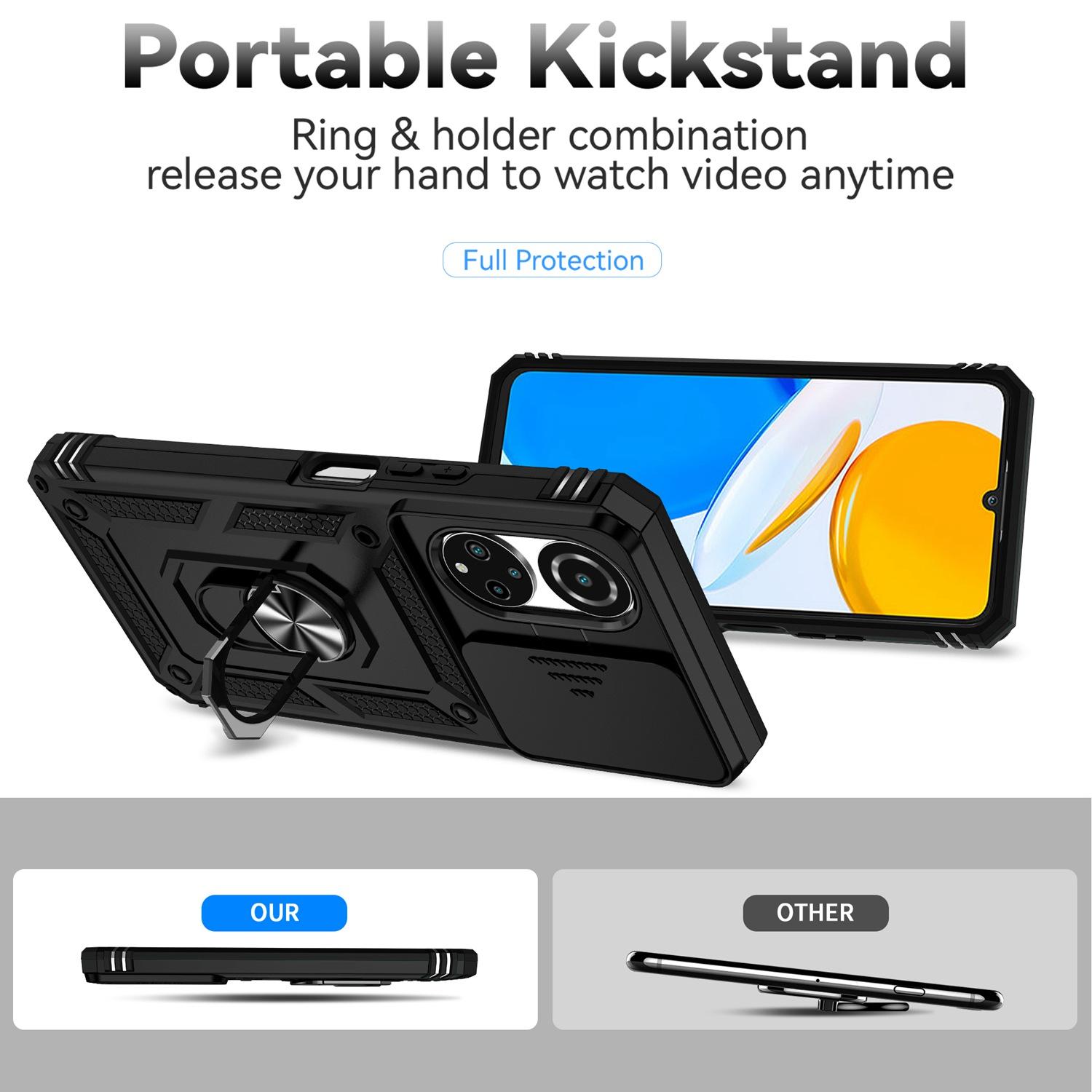 

For Honor X7 4G Hard PC+Soft TPU Phone Case with Metal Ring Kickstand and Slide Camera Protector Blue