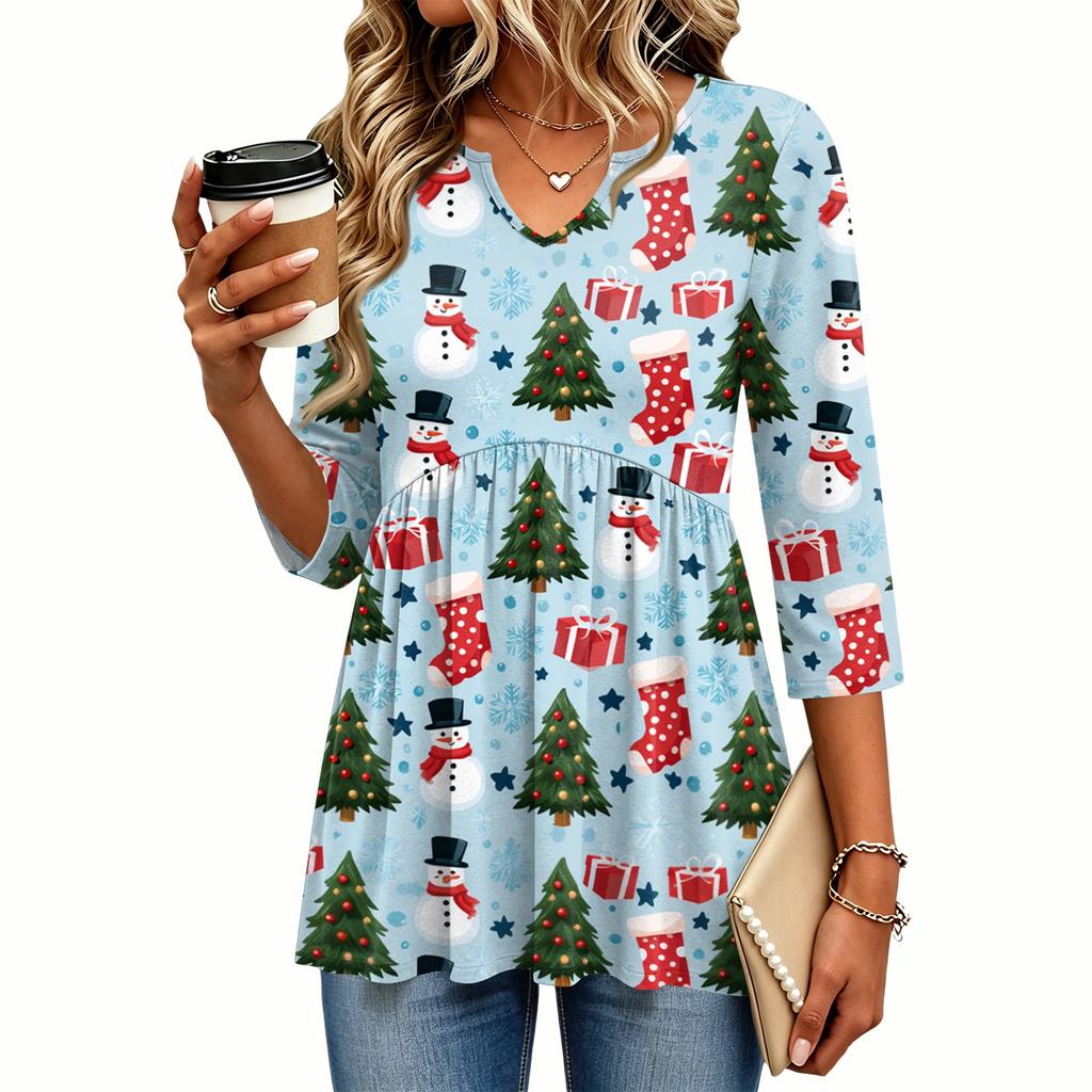 Women's Fashion Casual Christmas Print V-Neck Three-Quarter Sleeve Blouse