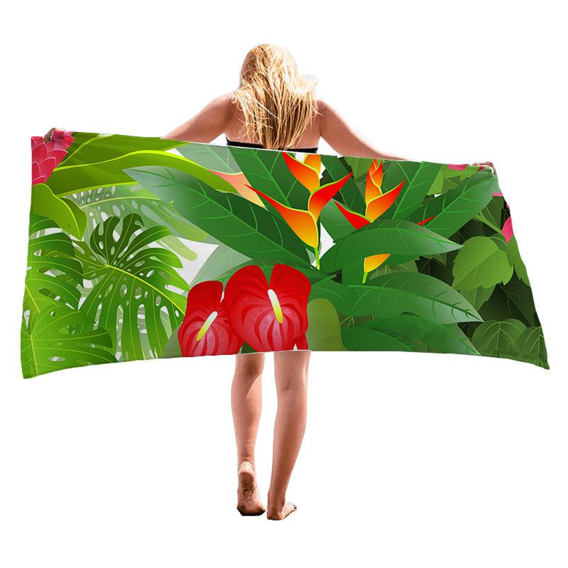 Tropical green plants flowers digital-printed polyester Superfine fiber double-sided fleece Beach vacation bath beach towel