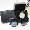 4pcs Set Fashion Sunglasses Men's Leather Wallet Outdoor Watch Men's Men's Glasses for Men Include Bracelet Box for Holiday Gift
