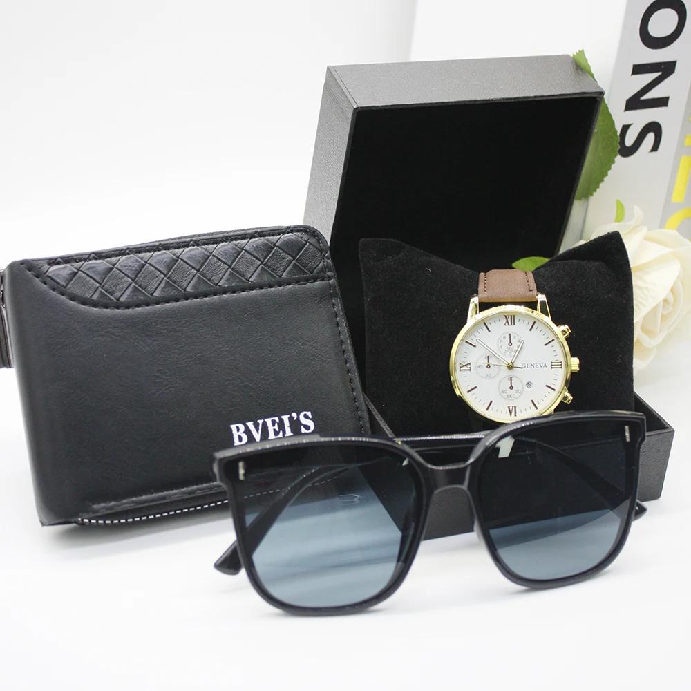 4pcs Set Fashion Sunglasses Men's Leather Wallet Outdoor Watch Men's Men's Glasses for Men Include Bracelet Box for Holiday Gift