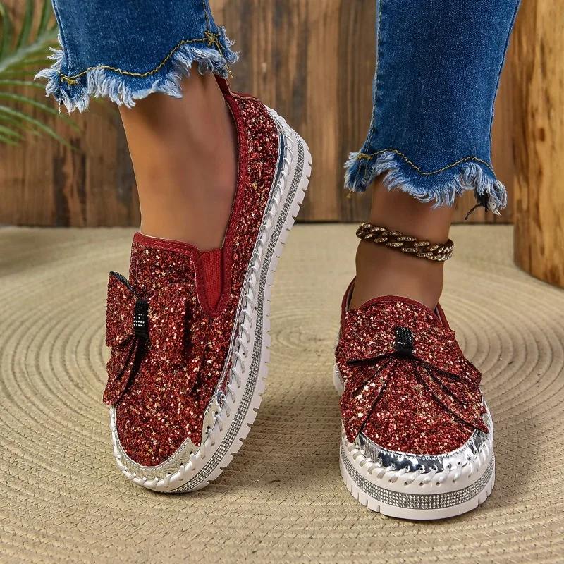2024 New Versatile Women's Shoes Solid Color Bow Decorated with Rhinestones Round Toe Thick Sole Shallow Mouth Women's Shoes