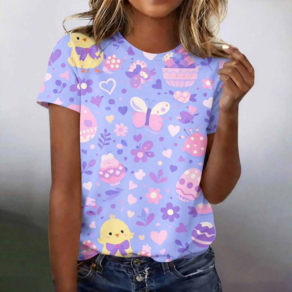 Women's Fashionable Casual Short-Sleeved Raglan Sleeve Easter Print T-Shirt Top